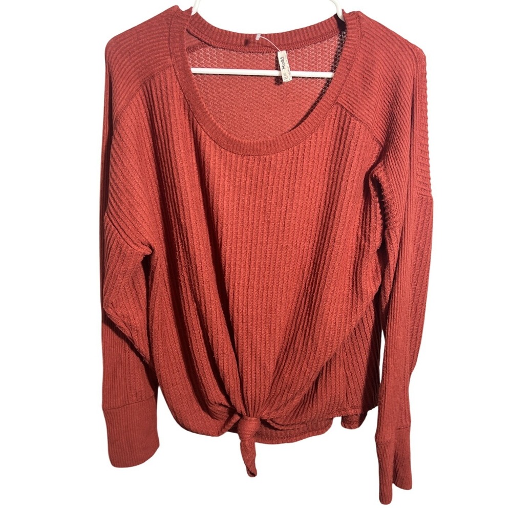 Mudd Women's XL Rust Waffle Knit Long Sleeve Tie Front Thermal‎ Top Shirt